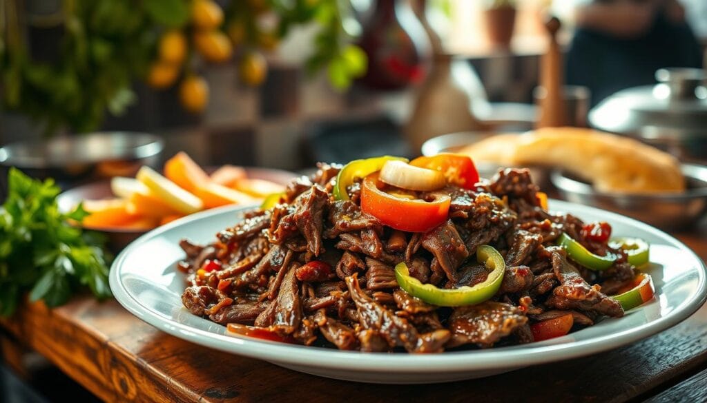 A beautifully plated serving of Carne Louca, featuring tender, shredded beef glistening with a savory, rich sauce. The dish is garnished with vibrant slices of bell peppers and onions, adding color and texture. Set on a rustic wooden table, the background includes softly blurred elements of a festive Brazilian kitchen, with hanging herbs and traditional cookware. The scene is illuminated by warm, inviting natural light, casting gentle shadows that enhance the dish's appeal. The composition captures a close-up view, emphasizing the juicy, succulent meat. The atmosphere is lively and celebratory, reflecting its popularity at Brazilian parties and gatherings, inviting viewers to experience the flavor and tradition of Carne Louca. A beautifully plated serving of Carne Louca, featuring tender, shredded beef glistening with a savory, rich sauce. The dish is garnished with vibrant slices of bell peppers and onions, adding color and texture. Set on a rustic wooden table, the background includes softly blurred elements of a festive Brazilian kitchen, with hanging herbs and traditional cookware. The scene is illuminated by warm, inviting natural light, casting gentle shadows that enhance the dish's appeal. The composition captures a close-up view, emphasizing the juicy, succulent meat. The atmosphere is lively and celebratory, reflecting its popularity at Brazilian parties and gatherings, inviting viewers to experience the flavor and tradition of Carne Louca.