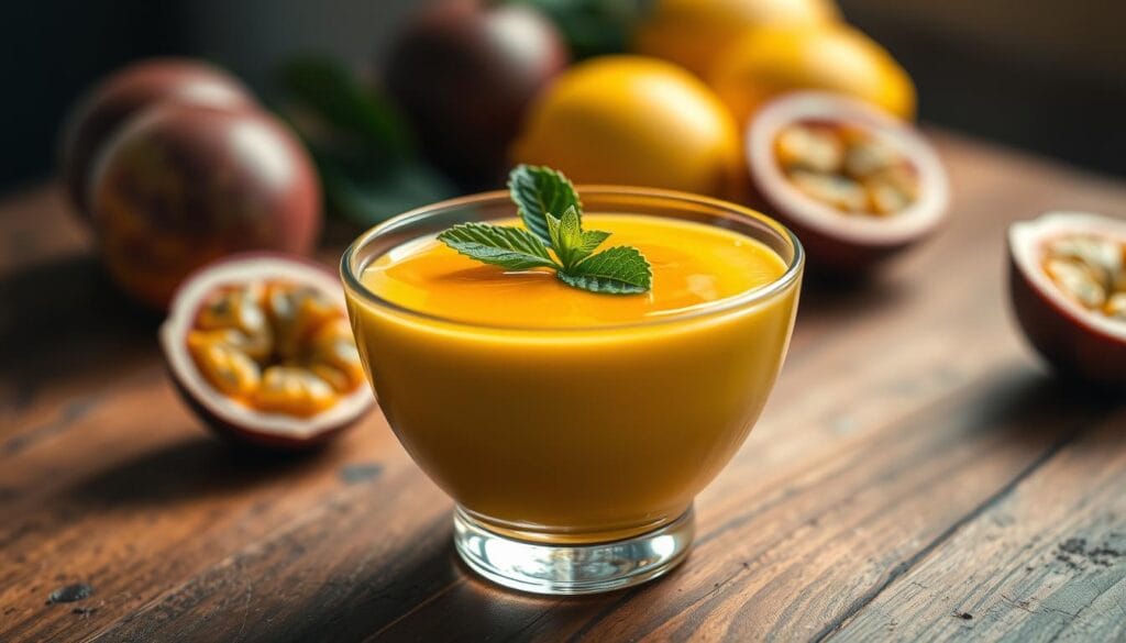 A beautifully presented Mousse de Maracujá served in an elegant glass bowl, placed on a rustic wooden table. The mousse is creamy, with a vibrant yellow-orange hue, topped with a glossy passionfruit glaze and a few fresh mint leaves for garnish. In the background, softly blurred, there are hints of tropical fruits like whole passionfruits and lemons, enhancing the dessert's fruity essence. The lighting is warm and inviting, with soft natural light coming from the left, creating gentle highlights on the surface of the mousse. The angle is slightly above the dessert to capture its creamy texture and glossy finish, evoking a sense of indulgence and simplicity. The mood is cheerful and refreshing, perfect for an easy homemade dessert. A beautifully presented Mousse de Maracujá served in an elegant glass bowl, placed on a rustic wooden table. The mousse is creamy, with a vibrant yellow-orange hue, topped with a glossy passionfruit glaze and a few fresh mint leaves for garnish. In the background, softly blurred, there are hints of tropical fruits like whole passionfruits and lemons, enhancing the dessert's fruity essence. The lighting is warm and inviting, with soft natural light coming from the left, creating gentle highlights on the surface of the mousse. The angle is slightly above the dessert to capture its creamy texture and glossy finish, evoking a sense of indulgence and simplicity. The mood is cheerful and refreshing, perfect for an easy homemade dessert.