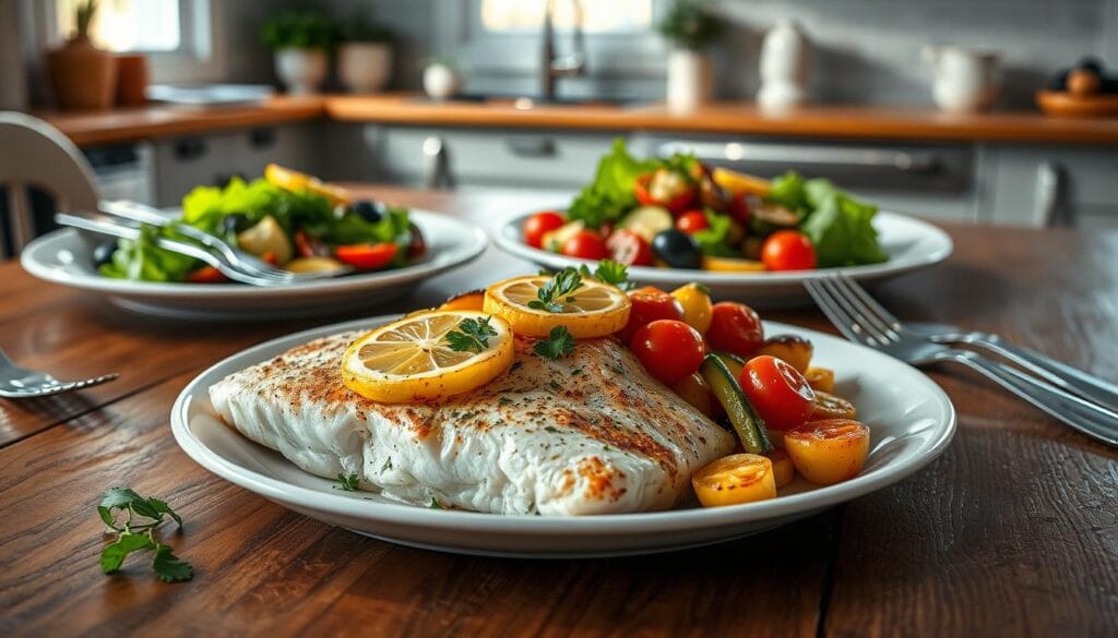 A beautifully presented, healthy baked tilapia dish on a rustic wooden table. In the foreground, the tilapia fillet is delicately seasoned, with vibrant colors from fresh herbs like parsley and lemon slices adorning its top. Surrounding the fish, there are roasted vegetables such as zucchini, bell peppers, and cherry tomatoes, their colors contrasting nicely with the pale fish. In the middle ground, a pair of white dinner plates with elegant silver cutlery and refreshing, light salads can be seen, enticing the viewer. The background features a softly lit kitchen with warm, natural light streaming in from a window, creating a cozy and inviting atmosphere. The overall mood is fresh, healthy, and appealing, inviting the audience to enjoy this simple yet succulent dish. A beautifully presented, healthy baked tilapia dish on a rustic wooden table. In the foreground, the tilapia fillet is delicately seasoned, with vibrant colors from fresh herbs like parsley and lemon slices adorning its top. Surrounding the fish, there are roasted vegetables such as zucchini, bell peppers, and cherry tomatoes, their colors contrasting nicely with the pale fish. In the middle ground, a pair of white dinner plates with elegant silver cutlery and refreshing, light salads can be seen, enticing the viewer. The background features a softly lit kitchen with warm, natural light streaming in from a window, creating a cozy and inviting atmosphere. The overall mood is fresh, healthy, and appealing, inviting the audience to enjoy this simple yet succulent dish.