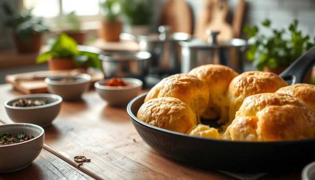 Uma visão aproximada de um delicioso pão de queijo dourado, recém-preparado em uma frigideira, sobre uma mesa rústica de madeira. O pão de queijo está levemente inchado, com a textura cremosa do queijo derretido visível por dentro, rodeado por pequenas tigelas com ervas e especiarias como orégano e páprica, destacando os benefícios de usar ingredientes frescos. A iluminação suave e natural cria uma atmosfera acolhedora e convidativa, realçando a simplicidade deliciosa do prato. Ao fundo, uma cena de cozinha desfocada transmite uma sensação aconchegante, com panelas, frigideiras e folhagens suavemente iluminadas, sugerindo um ambiente acolhedor para cozinhar. A composição foca no pão de queijo, com uma profundidade de campo reduzida que direciona a atenção do observador para sua textura apetitosa e apresentação convidativa.