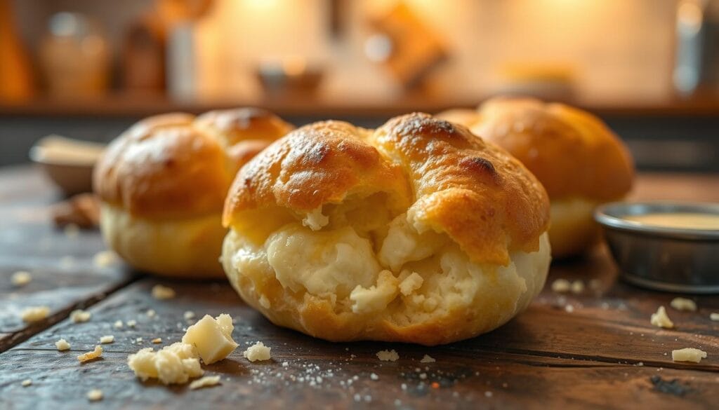 Uma visão aproximada de um pão de queijo de frigideira recém-feito, exibindo sua crosta dourada, miolo macio e fofo e a textura cremosa do queijo. O pão deve ser colocado sobre uma mesa rústica de madeira, com queijo espalhado e uma pequena tigela de molho para mergulhar por perto, para adicionar detalhes. Ao fundo, uma cozinha desfocada com iluminação quente e convidativa reforça a atmosfera caseira. Capture a imagem de um ângulo ligeiramente elevado, focando no pão para destacar seu sabor delicioso. O clima geral deve ser acolhedor e convidativo, evocando uma sensação de conforto e charme caseiro, perfeito para ilustrar uma receita deliciosa.