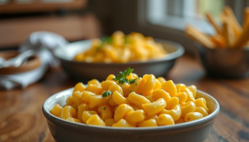 A creamy bowl of mac and cheese, densely packed with rich, gooey cheese sauce, sits in the foreground, garnished with a sprinkle of fresh parsley. The macaroni is perfectly cooked, glistening with a luscious sheen. In the middle ground, a rustic wooden table enhances the warmth of the dish, with subtle hints of melted cheese oozing from the pasta. In the background, soft, diffused lighting creates a cozy atmosphere, highlighting the yellow and gold tones of the cheesy sauce. The focus is sharp on the macaroni, with a slight blur giving depth to the scene. The overall mood is inviting and comforting, perfect for conveying the classic American comfort food experience.
