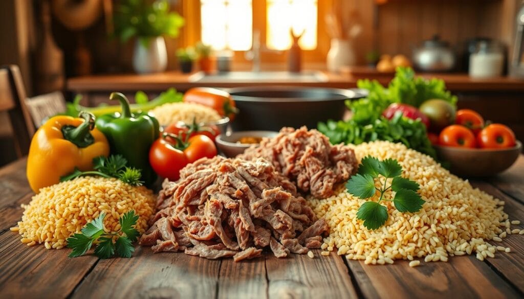 A rustic wooden kitchen table laden with the fresh ingredients for making arroz carreteiro. In the foreground, vibrant green bell peppers, ripe tomatoes, and fresh parsley are artfully arranged next to golden grains of uncooked rice. A generous portion of shredded charque (dried beef) is prominently displayed, showcasing its rich texture. In the middle, a cast iron skillet sits with a small bowl of olive oil and spices, hinting at the cooking process. The background features a softly blurred kitchen setting with warm sunlight streaming through a window, casting warm, inviting shadows. The atmosphere is cozy and homely, conveying a sense of authenticity and culinary warmth, perfect for illustrating the section on selecting the best ingredients.