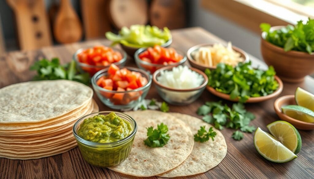 A vibrant and inviting tabletop scene featuring essential ingredients for simple Mexican tacos. In the foreground, display freshly made corn tortillas stacked neatly beside a small bowl of vibrant green guacamole. In the middle, include bowls of colorful diced tomatoes, crisp lettuce, finely chopped onions, and a side of cilantro. An attractive plate of shredded cheese should be nearby, with a scattering of lime wedges for garnish. In the background, softly blurred, showcase a rustic wooden table with a warm, inviting kitchen atmosphere, hinting at cooking tools. The lighting should be bright and natural, resembling soft sunlight pouring in, creating a cheerful and appetizing mood. Use a slight overhead angle to capture the abundance of ingredients beautifully.