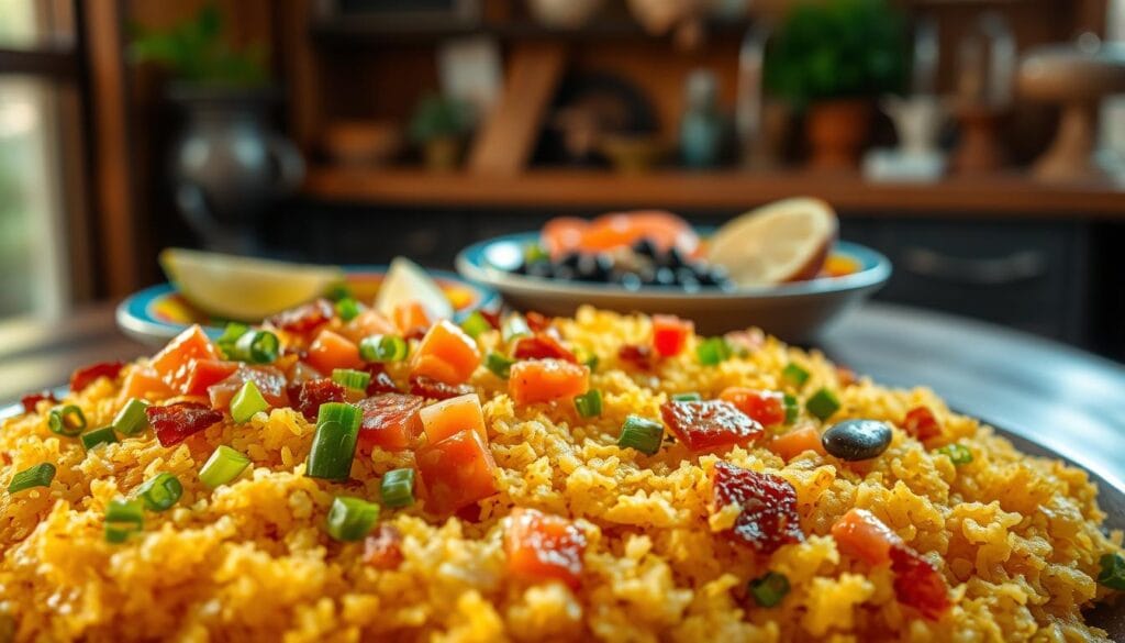 A vibrant, detailed close-up of a traditional Brazilian farofa temperada, showcasing its rich texture and colorful ingredients. In the foreground, a generous serving of fluffy, golden-brown farofa is scattered with finely chopped green onions, diced tomatoes, and bits of crispy bacon, all glistening with a hint of seasoning. The middle ground features a rustic wooden table adorned with a colorful plate, filled with bright accompaniments like fresh lime wedges and black beans. In the background, softly blurred, a warm, inviting kitchen setting is visible, with earthy tones and natural lighting streaming in from a nearby window, creating a cozy and appetizing atmosphere. The image captures the essence of Brazilian home cooking, evoking warmth and comfort.