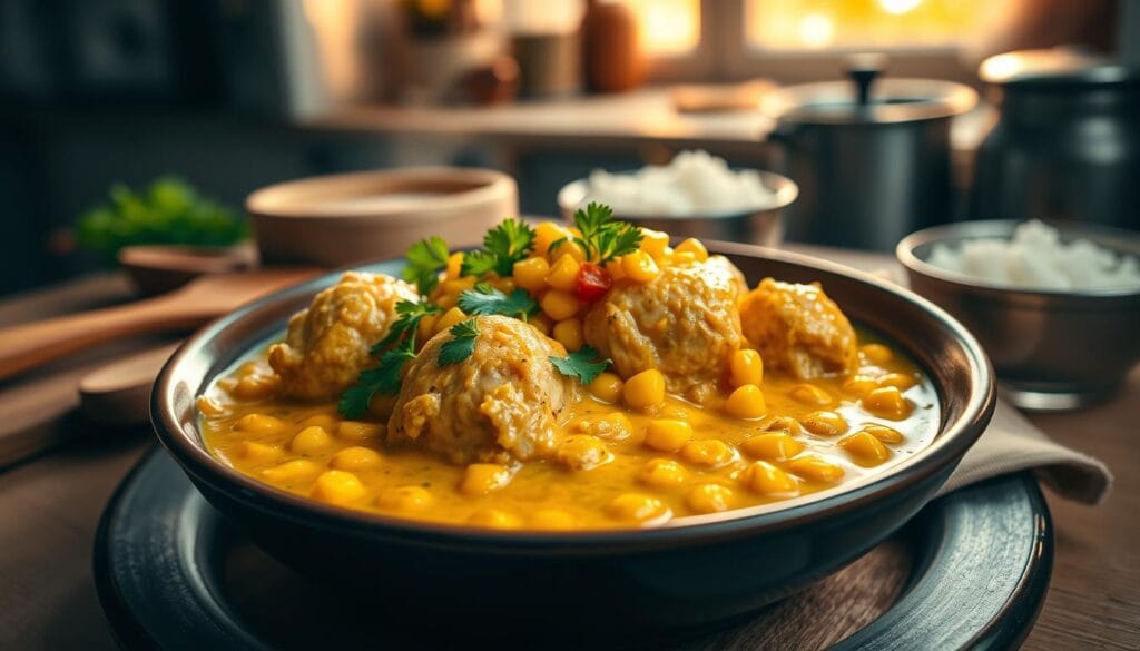 A vibrant plate of Frango Cremoso com Milho, showcasing succulent chicken pieces simmered in a creamy, yellow corn sauce, garnished with fresh parsley. Foreground features a steaming bowl of the dish, invitingly arranged with colorful sautéed corn kernels scattered atop. The middle ground includes rustic wooden utensils and a small bowl of rice to complement the dish. The background boasts a softly blurred kitchen setting, with warm ambient light flooding in from a nearby window, creating a cozy and inviting atmosphere. The lens captures the dish at a slight angle, emphasizing the rich textures and colors. The mood is warm and comforting, perfect for highlighting the flavors of traditional Brazilian cuisine.