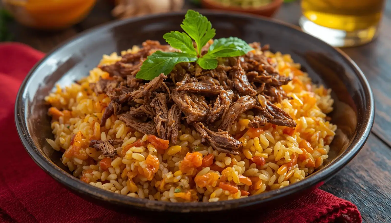 Arroz Carreteiro com Charque Desfiado–Receita Cheia de Sabor arroz carreteiro com charque desfiado servido em tigela rústica, com arroz dourado soltinho, tiras de charque grelhado, cebola, pimentão e tomate, sobre mesa de madeira"