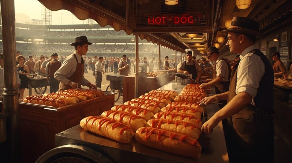 A vintage-style illustration of a hot dog, prominently displayed in the foreground with a perfectly grilled sausage nestled in a soft bun, topped with vibrant mustard and ketchup, and sprinkled with diced onions. In the middle ground, a classic food cart is visible, adorned with colorful awnings and vintage signage, exuding a warm nostalgia. The background features a busy city street from the early 20th century, with pedestrians in period attire, evoking a sense of history. Soft, golden lighting enhances the inviting atmosphere, while a slight dusk hue casts a dreamlike quality over the scene. The focus should be sharp on the hot dog, with a slightly blurred background to emphasize the subject, creating a sense of warmth and tradition.