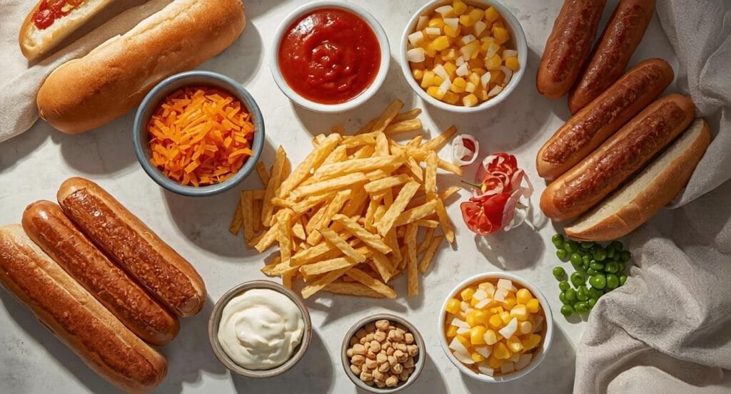 A beautiful, vibrant arrangement of hot dog ingredients for the perfect cachorro quente. In the foreground, showcase a neatly piled collection of fresh ingredients: juicy hot dogs, fluffy buns, and colorful toppings like diced onions, shredded lettuce, sliced tomatoes, and vibrant condiments such as ketchup, mustard, and mayonnaise. In the middle ground, include a cutting board with a few kitchen utensils like a knife and a cutting mat, emphasizing the preparation process. The background features a warm, inviting kitchen scene with soft natural lighting streaming through a window, creating a cozy and appetizing atmosphere. Use a shallow depth of field to focus on the ingredients, inviting viewers to imagine creating a delicious hot dog in just 15 minutes.