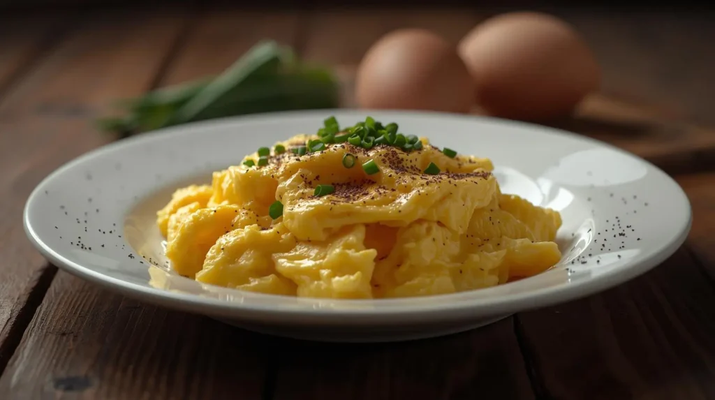 ovo mexido cremoso receita rápida com ovos frescos e cebolinha servido em prato branco