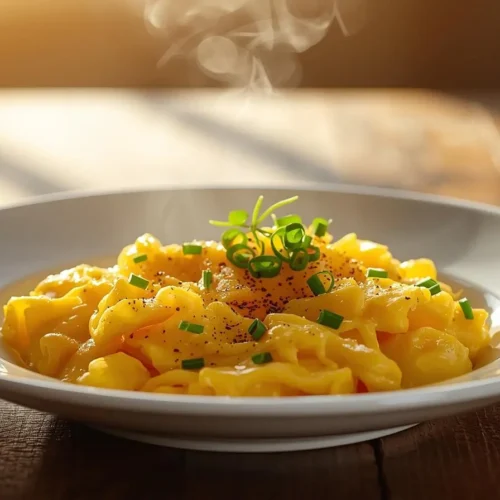 ovo mexido cremoso receita rápida servido em prato com cebolinha e vapor quente