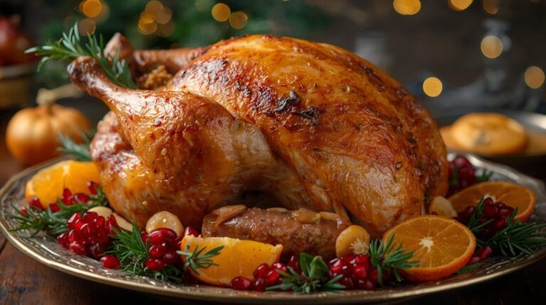 Peru recheado com farofa agridoce servido em prato festivo com ervas e frutas