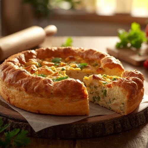 Empadão de frango caseiro com massa dourada e recheio cremoso de frango, milho e ervas frescas, servido em tábua rústica de madeira sob luz natural.
