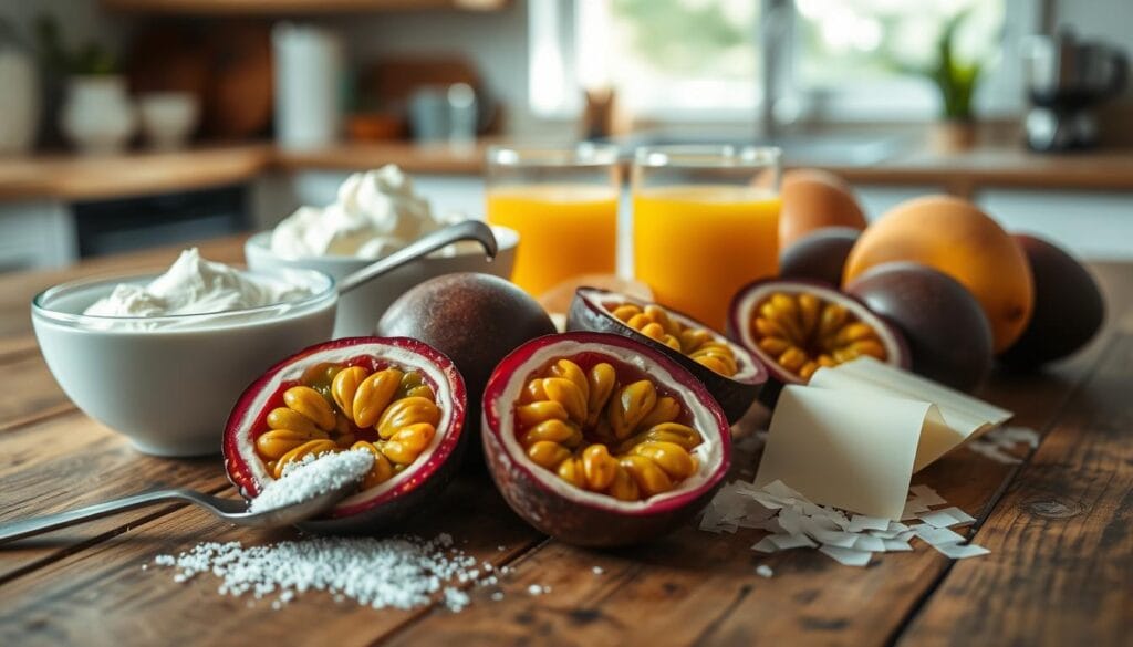 Vibrant ingredients for passion fruit mousse are laid out artistically on a rustic wooden table. In the foreground, showcase fresh, halved passion fruits with seeds glistening in the light, a bowl of creamy whipped cream, and a spoonful of granulated sugar. The middle layer features uncracked eggs, a small glass of tangy passion fruit juice, and a scattering of gelatin sheets, all arranged neatly. In the background, softly blurred, a light-filled kitchen setting hints at warmth and inviting atmosphere. Use natural lighting to create an airy, fresh mood, highlighting the textures of the ingredients. The angle should be slightly overhead to capture all elements harmoniously, evoking a sense of culinary creativity and simplicity. Vibrant ingredients for passion fruit mousse are laid out artistically on a rustic wooden table. In the foreground, showcase fresh, halved passion fruits with seeds glistening in the light, a bowl of creamy whipped cream, and a spoonful of granulated sugar. The middle layer features uncracked eggs, a small glass of tangy passion fruit juice, and a scattering of gelatin sheets, all arranged neatly. In the background, softly blurred, a light-filled kitchen setting hints at warmth and inviting atmosphere. Use natural lighting to create an airy, fresh mood, highlighting the textures of the ingredients. The angle should be slightly overhead to capture all elements harmoniously, evoking a sense of culinary creativity and simplicity.