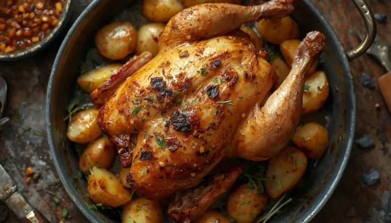 Frango assado com batatas douradas, cenouras e alecrim em uma assadeira rústica, com pele crocante e legumes assados."