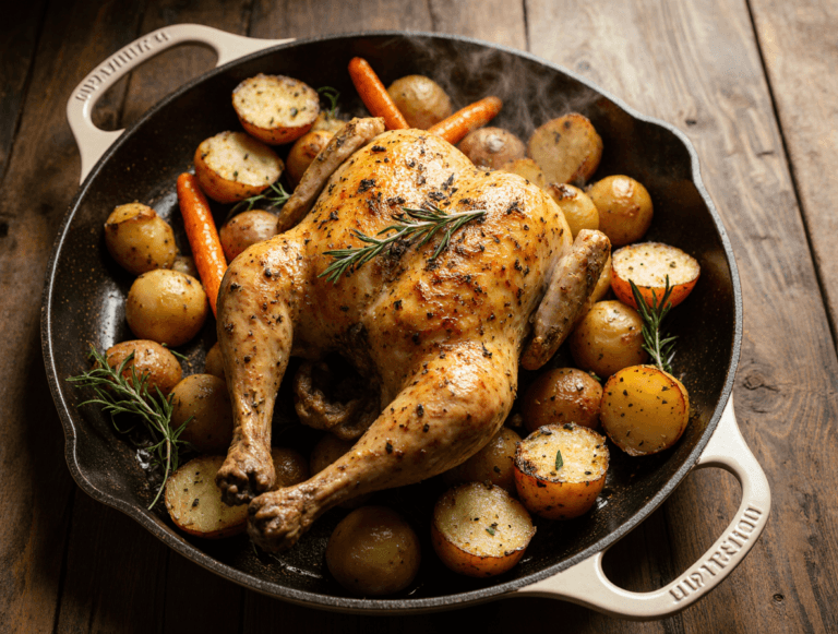 Frango assado com batatas douradas, cenouras e alecrim em uma assadeira rústica, com pele crocante e legumes assados."