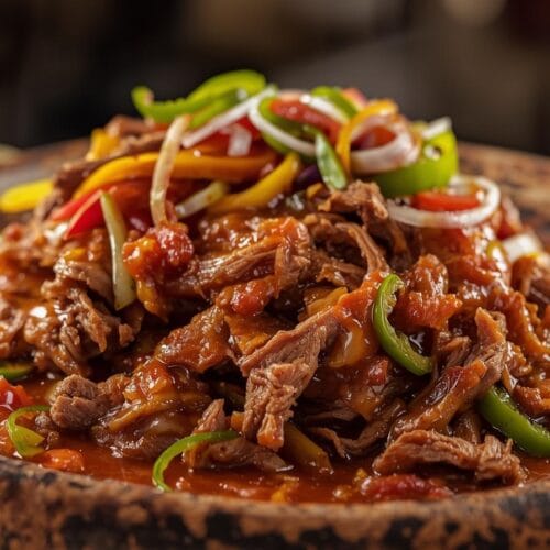 Carne louca desfiada receita — carne bovina desfiada cozida com molho caseiro, pimentões e cebola, prato brasileiro suculento e cheio de sabor.