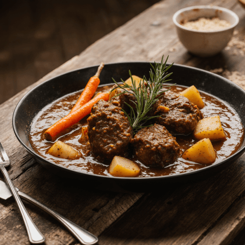 Carne de Panela brasileira com molho encorpado, carne macia e batatas douradas servidas em prato fundo branco, acompanhada de tomate fresco ao fundo — receita tradicional brasileira cheia de sabor e conforto."