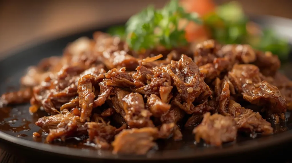Carne louca desfiada suculenta com molho encorpado servida em prato escuro, receita tradicional brasileira

