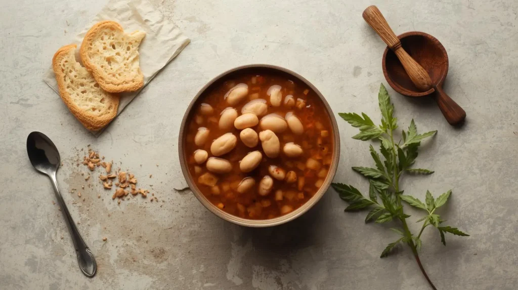 Feijão tropeiro servido em tigela rústica com bacon crocante, farofa de mandioca e ervas frescas sobre mesa de madeira.