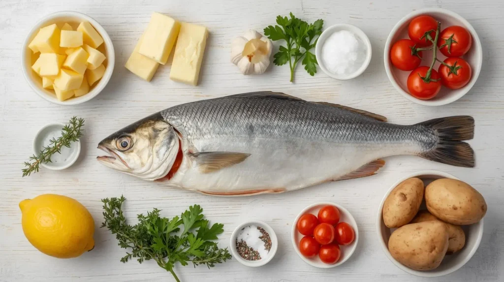 Ingredientes para peixe assado na manteiga com peixe fresco, manteiga, alho, limão, ervas, tomates e batatas