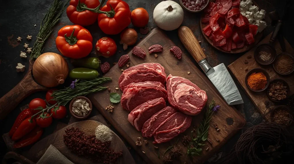 Ingredientes para carne louca com acém cru, tomates, cebola, pimentões, ervas frescas e faca sobre tábua de madeira
