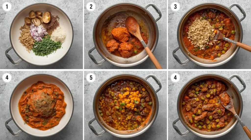 Passo a passo do preparo do vatapá tradicional brasileiro em panela, mostrando mistura dos ingredientes e cozimento cremoso