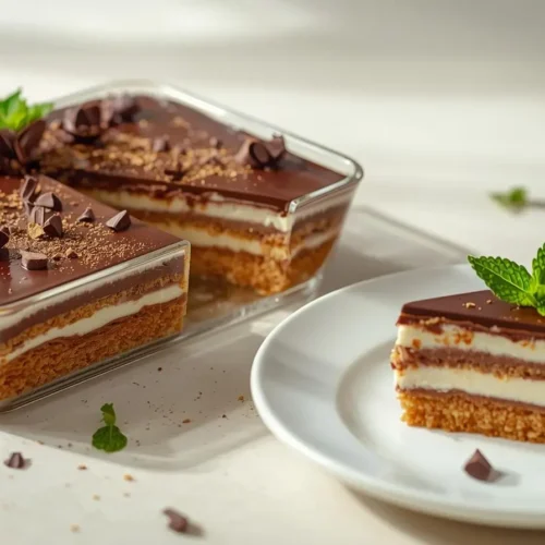 pavê de chocolate cremoso servido em travessa de vidro com camadas de biscoito, creme branco e cobertura de chocolate, decorado com raspas e hortelã