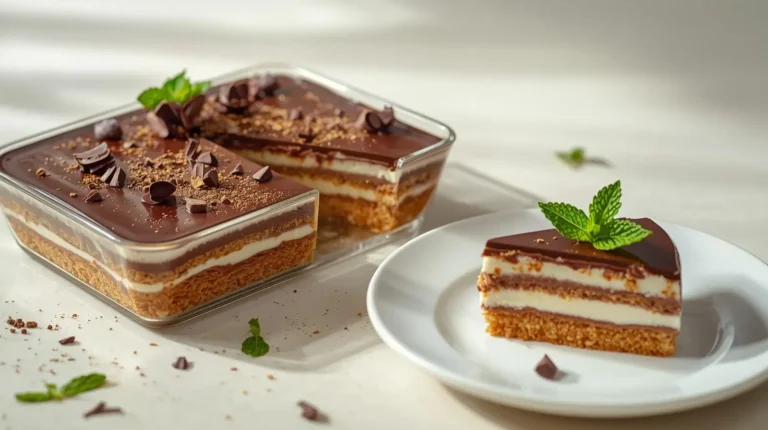 pavê de chocolate cremoso servido em travessa de vidro com camadas de biscoito, creme branco e cobertura de chocolate, decorado com raspas e hortelã