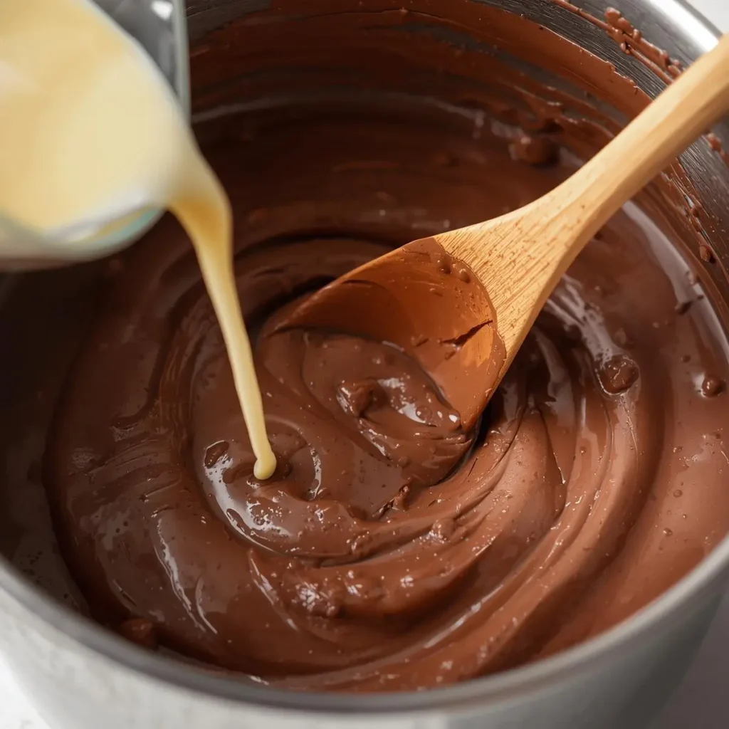 reme de pavê de chocolate sendo preparado na panela com leite condensado e colher de madeira, mostrando textura cremosa e brilhante