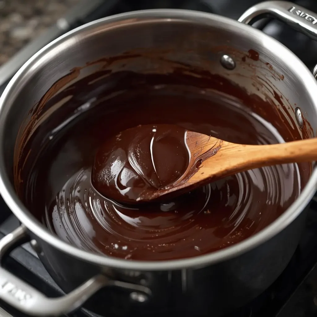 reme de pavê de chocolate sendo preparado na panela com leite condensado e colher de madeira, mostrando textura cremosa e brilhante