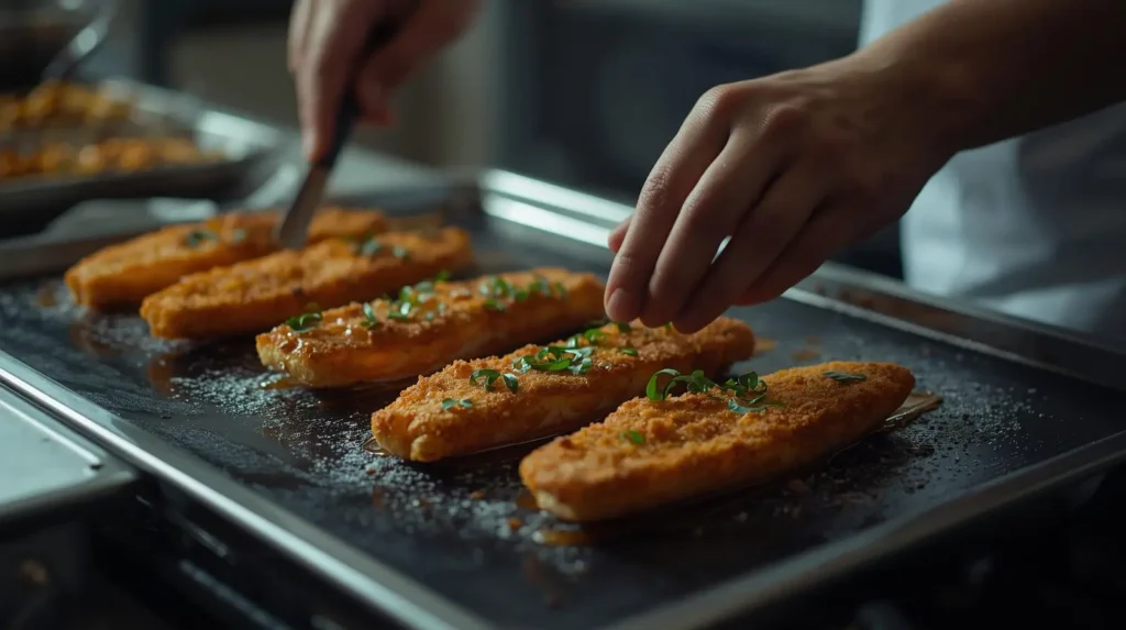 preparação de peixe frito crocante empanado com ervas frescas na frigideira