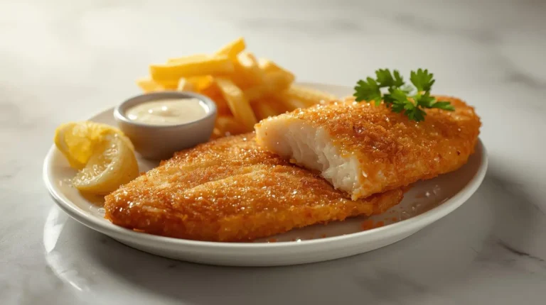 peixe frito crocante empanado servido com batatas fritas e molho de alho