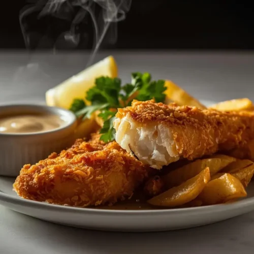 peixe frito crocante empanado servido com batatas fritas e molho de alho