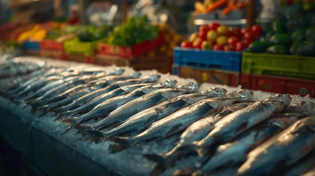 peixes frescos prateados expostos sobre gelo em mercado brasileiro