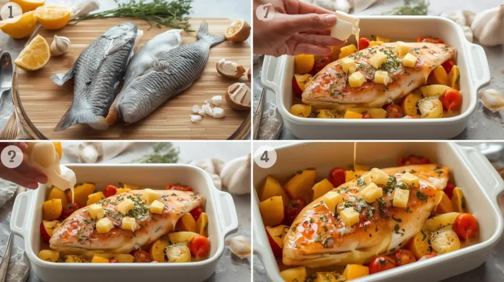Etapas da preparação do peixe assado na manteiga, desde o peixe cru temperado até o preparo para assar com legumes