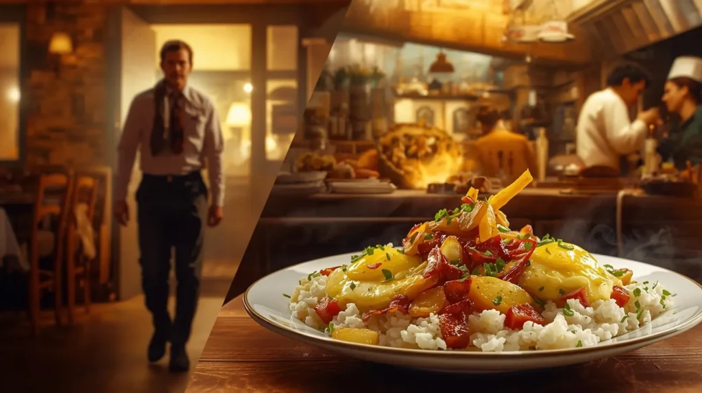 Um homem entrando em um restaurante acolhedor, iluminado com luz quente e mobiliado com madeira. À direita, sobre uma mesa de madeira, há um prato fumegante de arroz acompanhado de legumes salteados, batata amarela