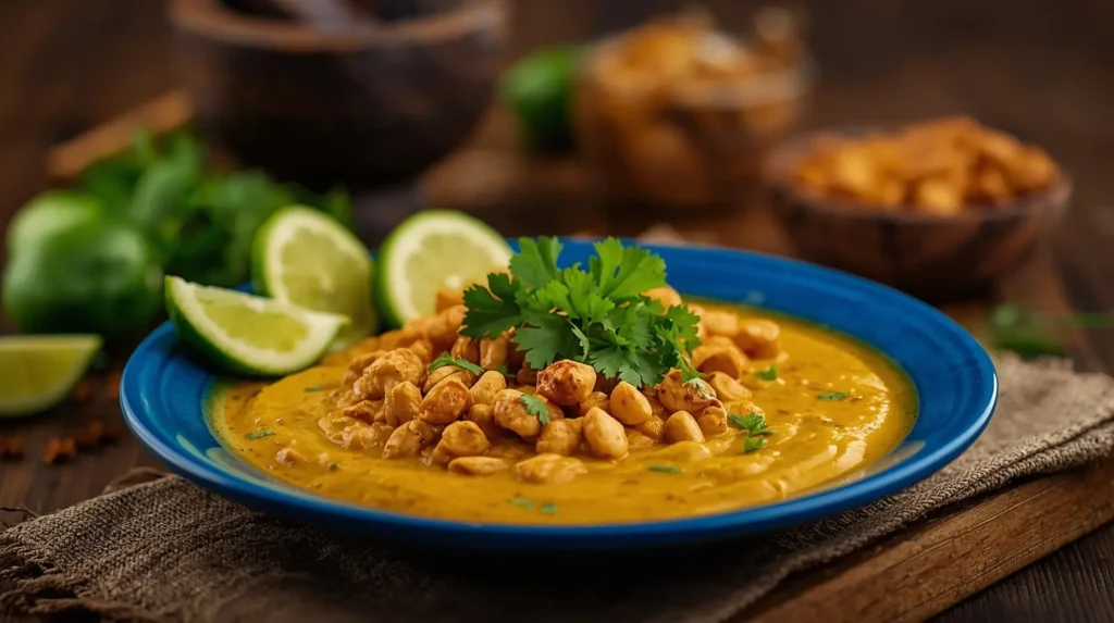 Vatapá tradicional brasileiro cremoso servido com amendoim torrado, coentro fresco e fatias de limão