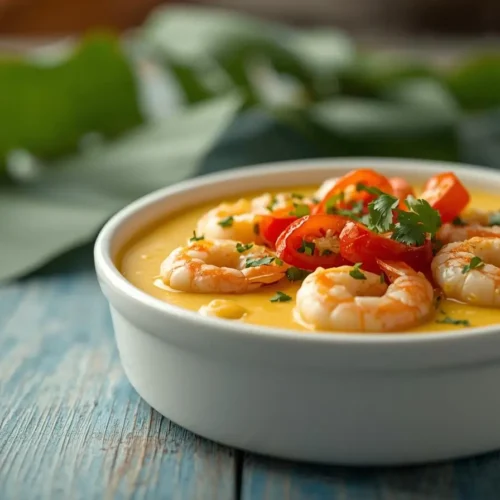 Vatapá tradicional brasileiro cremoso com camarão, azeite de dendê e coentro fresco servido em travessa branca