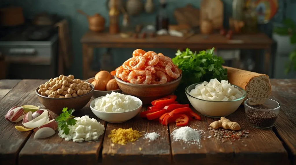 Ingredientes do vatapá tradicional brasileiro com camarão, amendoim, pão, leite de coco, cebola, alho e coentro sobre mesa rústica