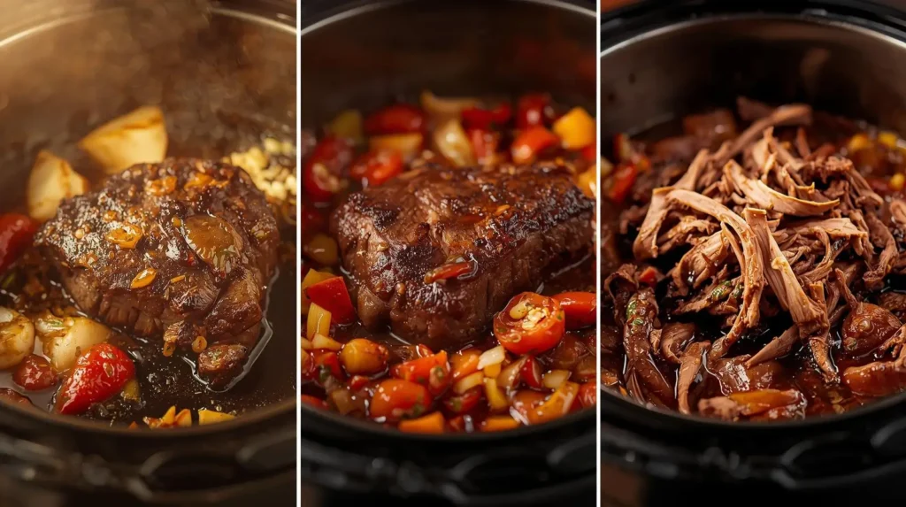 Passo a passo da carne louca na panela mostrando a carne selada, o cozimento com legumes e a carne desfiada no molho