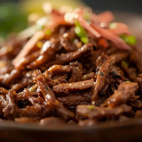 Carne louca desfiada suculenta com molho encorpado servida em prato escuro, receita tradicional brasileira