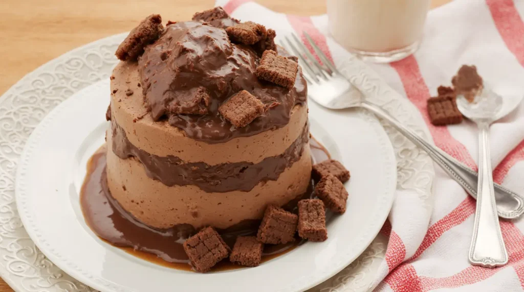 pavê de chocolate cremoso em camadas servido em prato branco, coberto com ganache de chocolate e decorado com pedaços de biscoito de chocolate, acompanhado de copo de leite