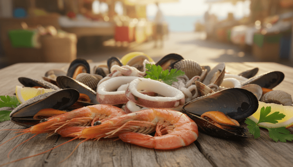 Frutos do mar frescos com camarão, mexilhões e lulas para preparar paella de frutos do mar