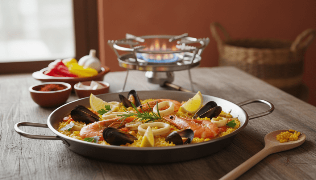 Panela de paella em fogão a gás com utensílios e ingredientes necessários para preparar paella autêntica