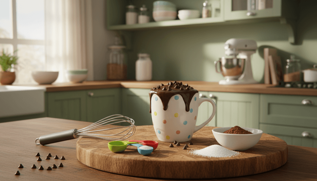 bolo de caneca no micro-ondas com cobertura de chocolate em caneca na cozinha caseira