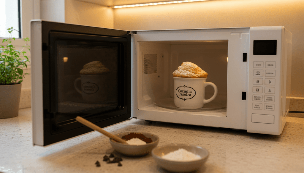 bolo de caneca no micro-ondas pronto dentro de caneca em cozinha caseira com textura fofinha