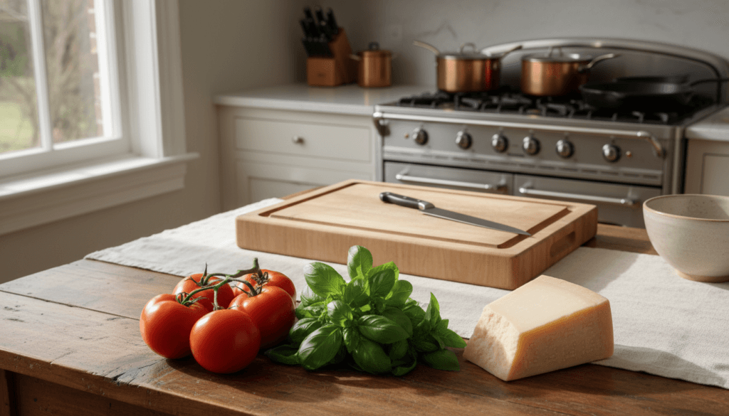 comida fácil com poucos ingredientes em preparo na cozinha com tomates e ervas frescas