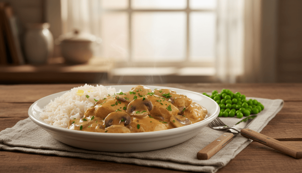 strogonoff de frango cremoso servido com arroz branco e ervilhas em prato caseiro