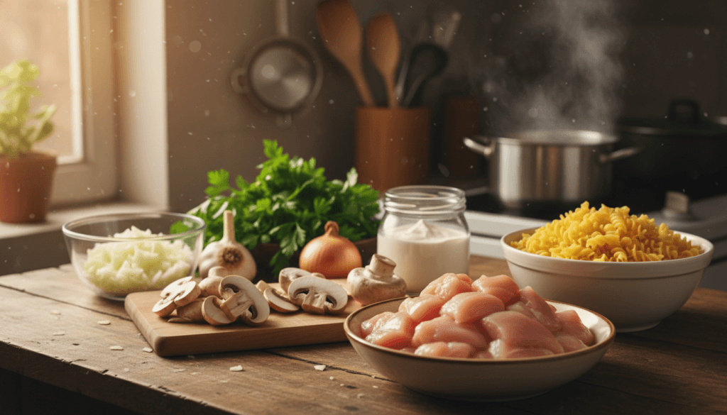 ingredientes frescos para strogonoff de frango cremoso na cozinha caseira